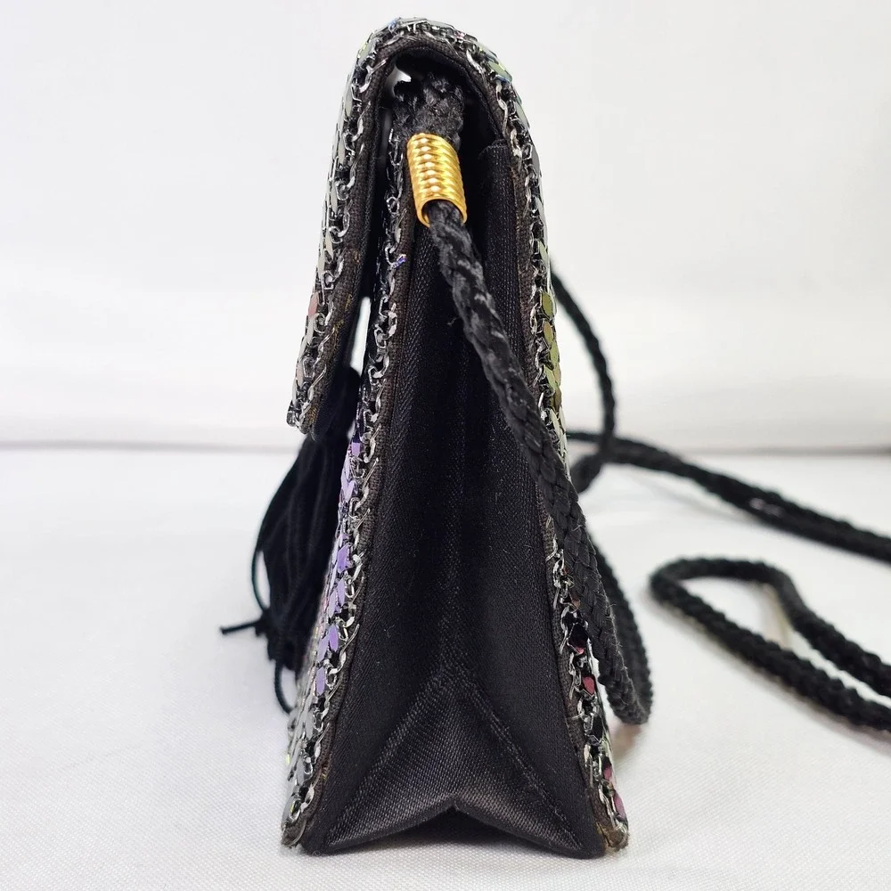 Apri Nights Iridescent Metal Mesh Crossbody Bag‎ Oil Slick Tassel Evening Clutch